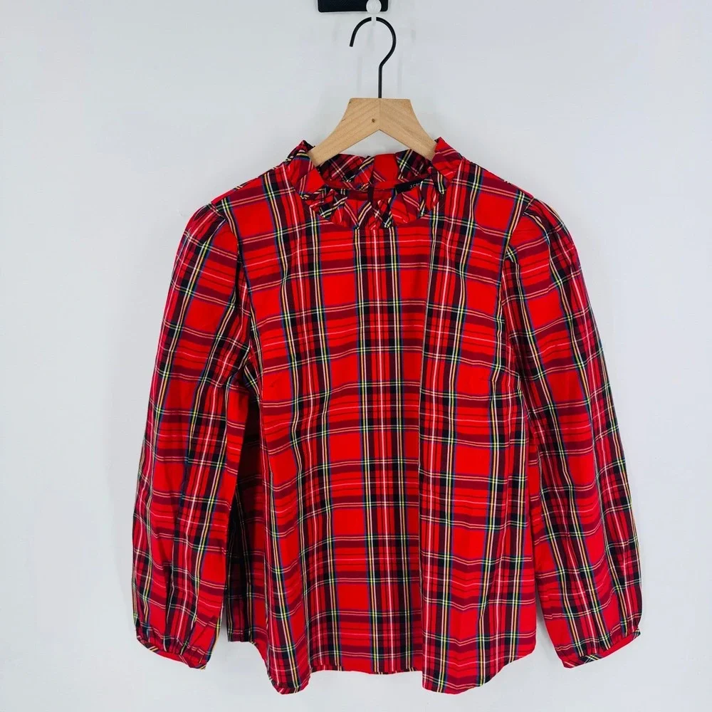 J. Crew Red Tartan Plaid Ruffle Neck Long Sleeve Blouse Size M‎ Preppy Holiday